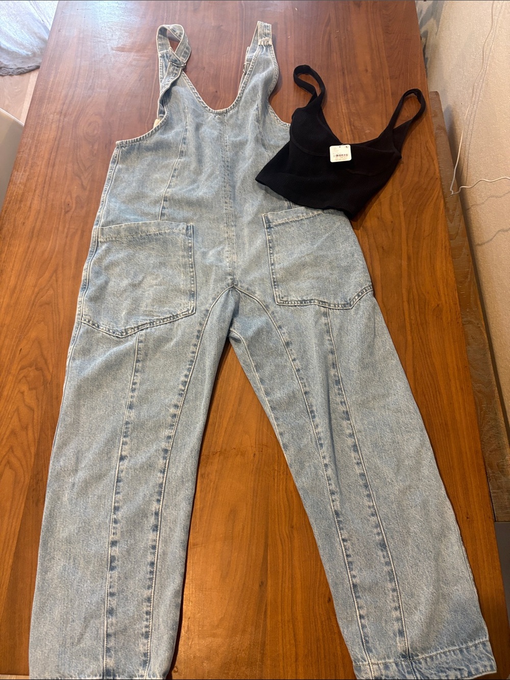 We The Free Light Blue Denim High Roller Overalls XS bonus today FP tank